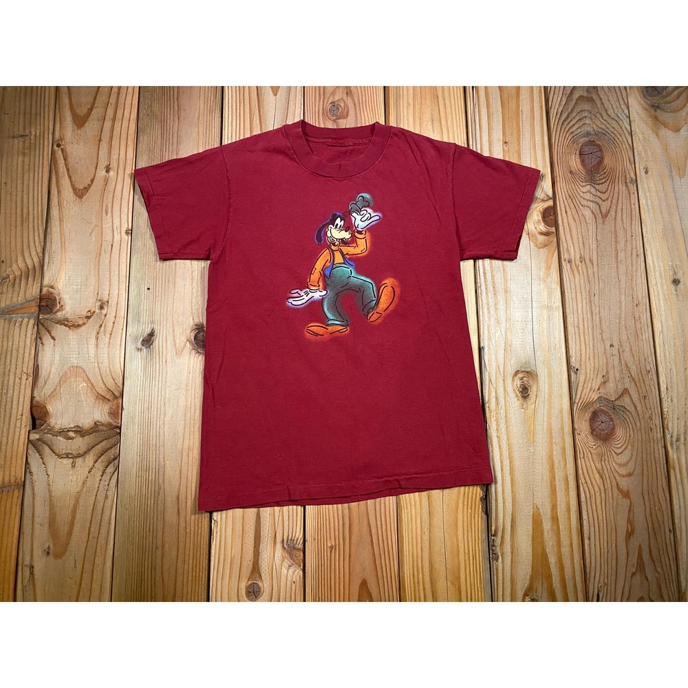 Vintage 90s Disney Character Unique Neon Airbrush Goofy Maroon Graphic T-Shirt